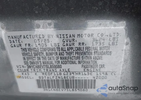 2025 Nissan Versa 1.6 Sv z USA, uszkodzony, nr VIN 3N1CN8EV7SL859080